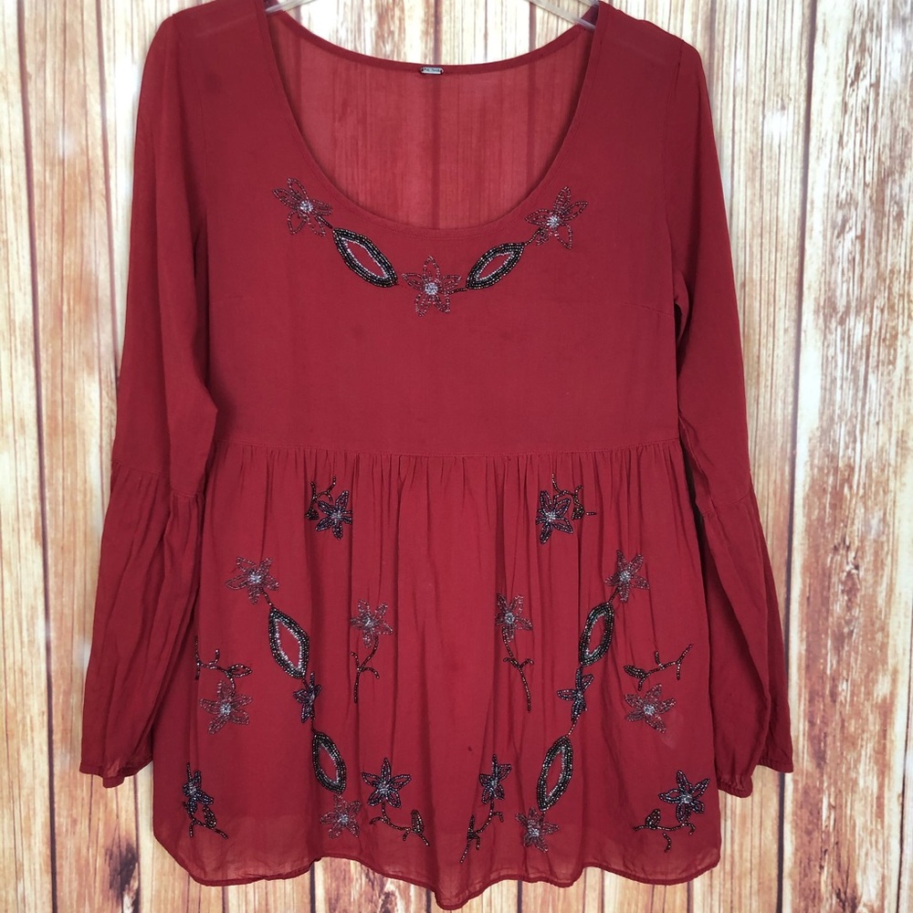 Free People Beaded Floral Peasant Top Medium Sheer Boho Babydoll Blouse